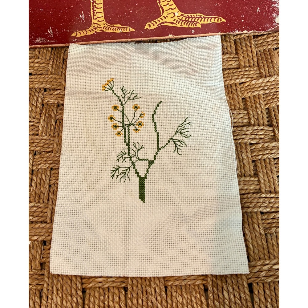 Handmade Cross Stitch Textile White Botanical Dill Flower